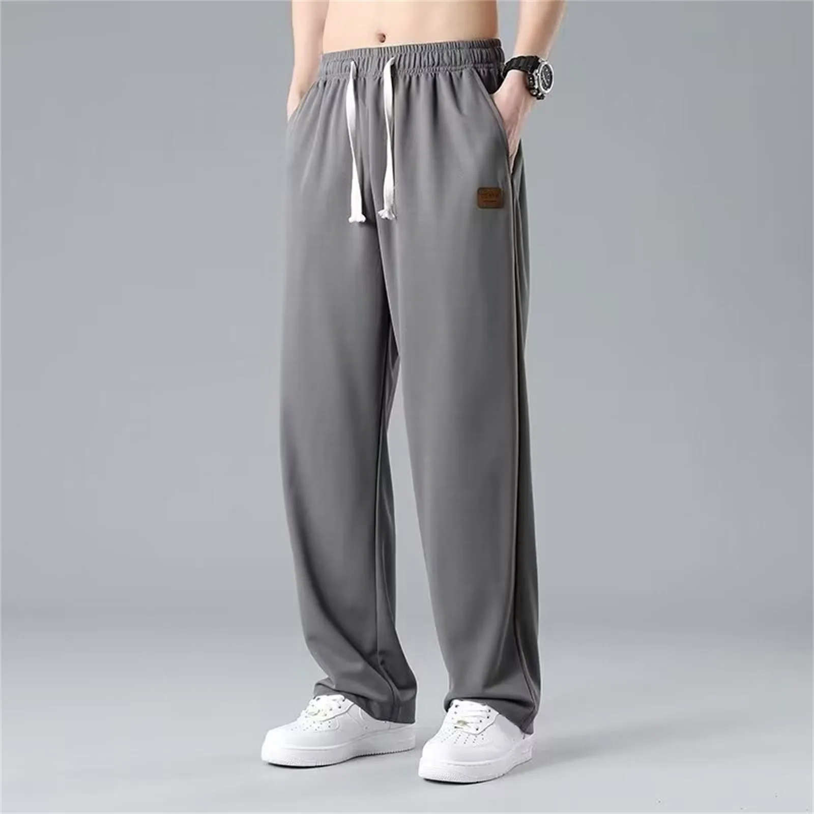 Spring Summer Men Oversize Casual Pants Solid Loose Sports Wide Leg Ice Silk Trousers Fashion New Male Drawstring Elastic Waist