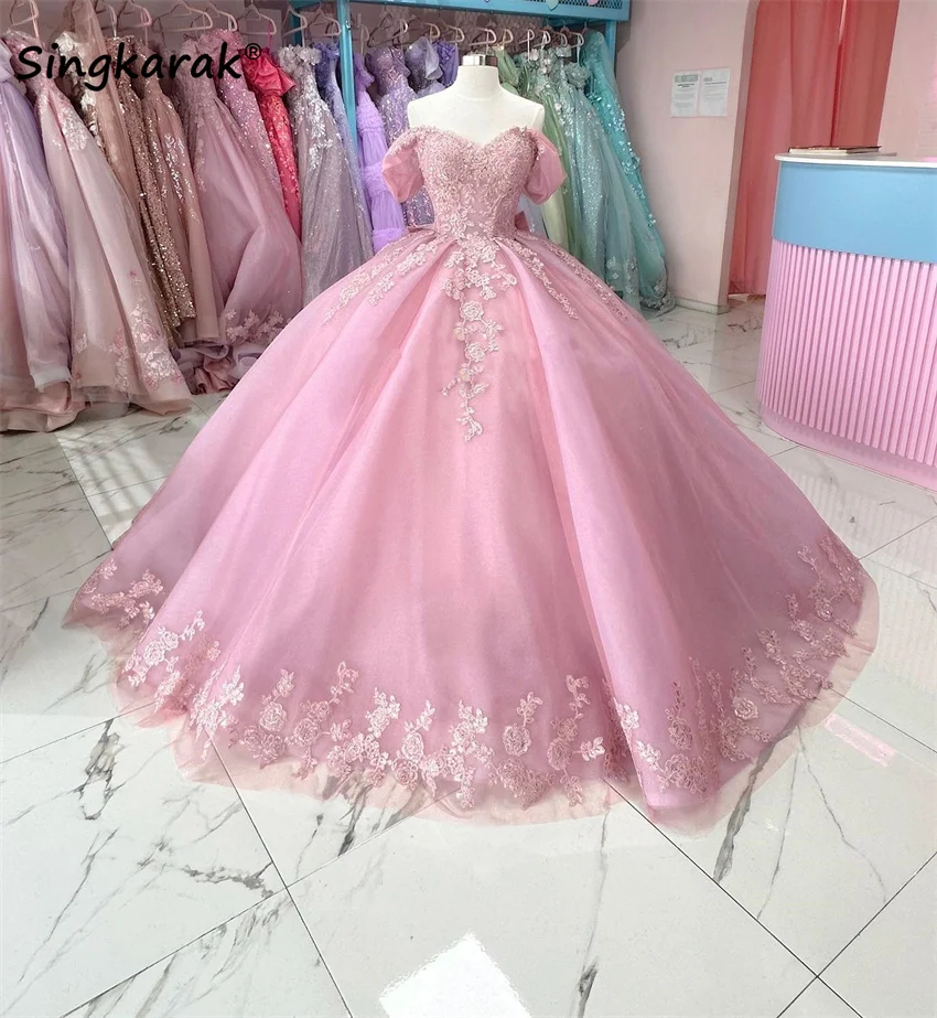 

Princess Pink Quinceanera Dress Ball Gown Off Shoulder Flower Appliques Pageant Sweet 15 Party Vestidos Bows Customized