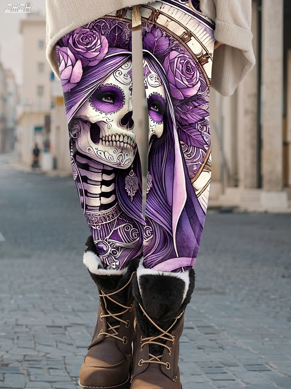 

Женские леггинсы 2024, уличные брюки с графикой черепа на Хэллоуин, полиэстер, спандекс, эластичная эластичная талия, осенняя уличная одежда с контролем