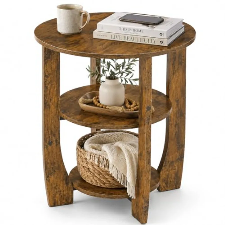 

Round Side Table for bedroom living room, rustic brown metal and wood, vintage design with 3-tier storage, 19.7 inch compact si