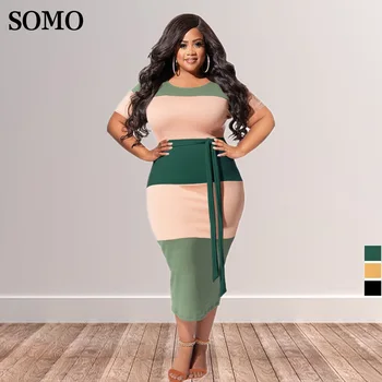 Sommer Sexy Dünne Lange Kleid Frauen mit Schärpen Mode Patchwork Rippen Kleider Plus Größe Kleidung Großhandel Dropshipping