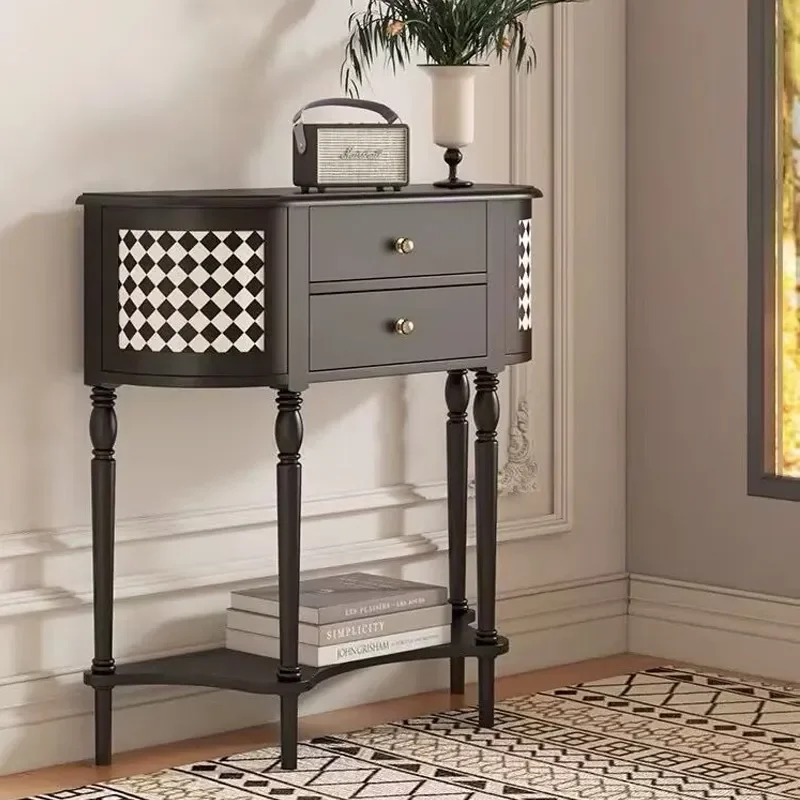 for French Retro Entrance Table for Front Door Semi Round Entryway Console Solid Wood End View Table Rack for Corridor Aisle