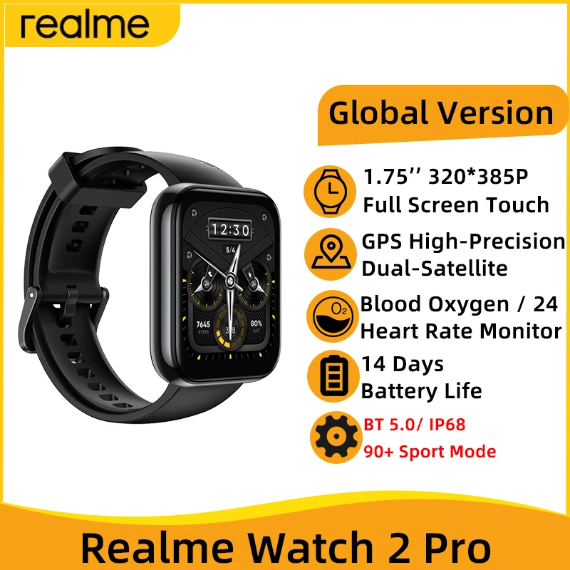 

Умные часы глобальная версия realme Watch 2 Pro, Смарт-часы 1,75 дюйма с датчиком уровня кислорода в крови, Смарт-часы с GPS, Время работы батареи 14 дней, часы IP68