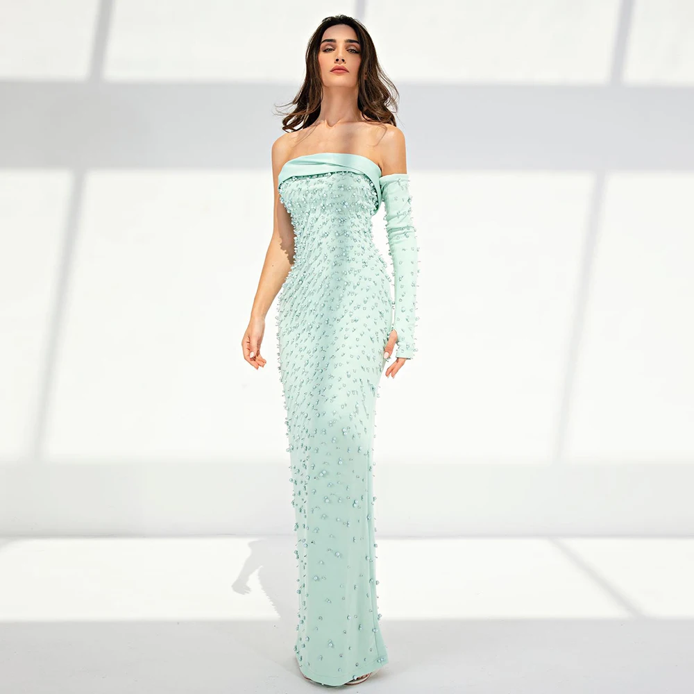 Luxury Dubai Pearls Mint Green Evening Dresses with Cape 2023 Arabic Sage Elegant Strapless Women Wedding Formal Party Gowns