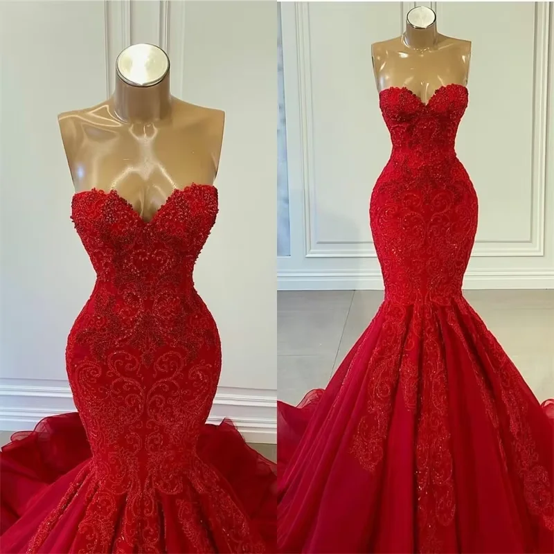 

Gorgeous Mermaid Evening Dress Sequins Strapless Sleeveless Prom Gown Sweep Train Tulle Formal Dresses Customized High Quality