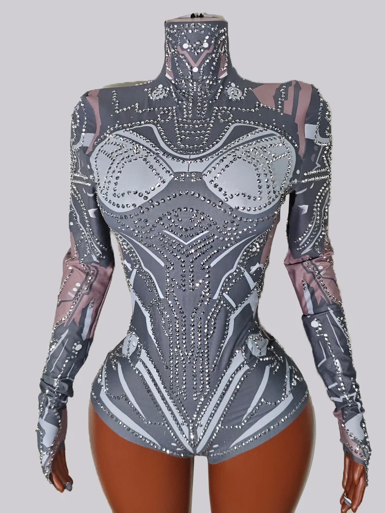 Sparkly Rhinestones Bodysuit Long Sleeve Dancewear Top Stage Costume Performance Drag Queen Outfit Show Nightclub Singer Dancer