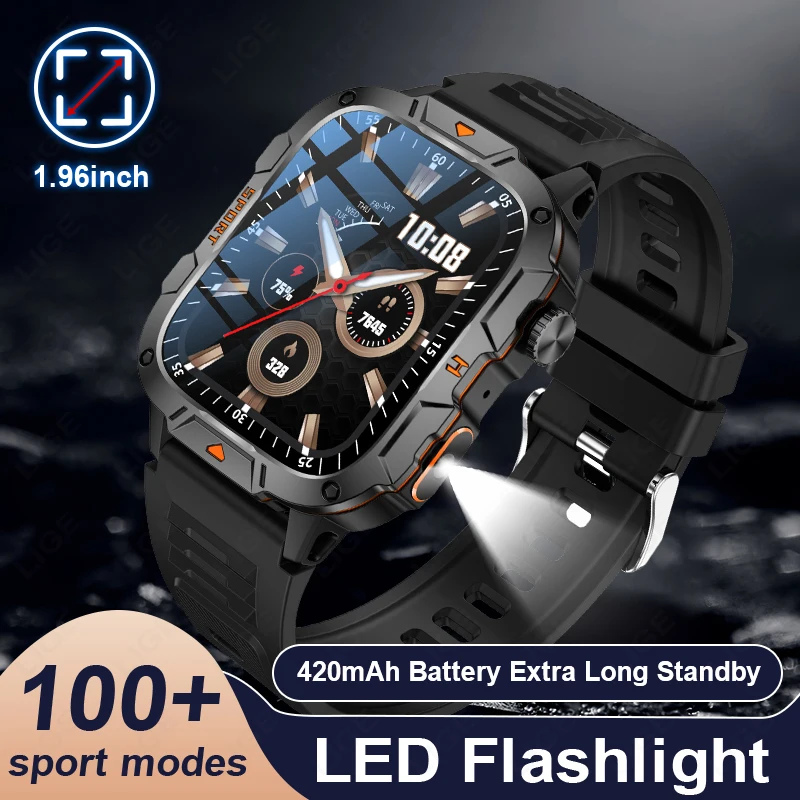 

2026 Men Outdoor Sport Fitness Watch Heart Rate Blood Oxygen Monitor Full Touch Smart Watch Waterproof LED Flashlight SmartWatch