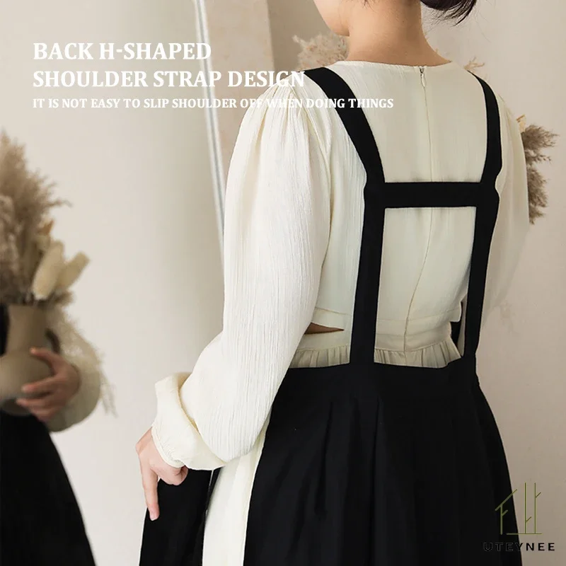Water-repellent Cotton Women Apron with Pockets H Back Strap for Cooking Bib Pinafore Home Kitchen Gardening Cleaning Nail Shop