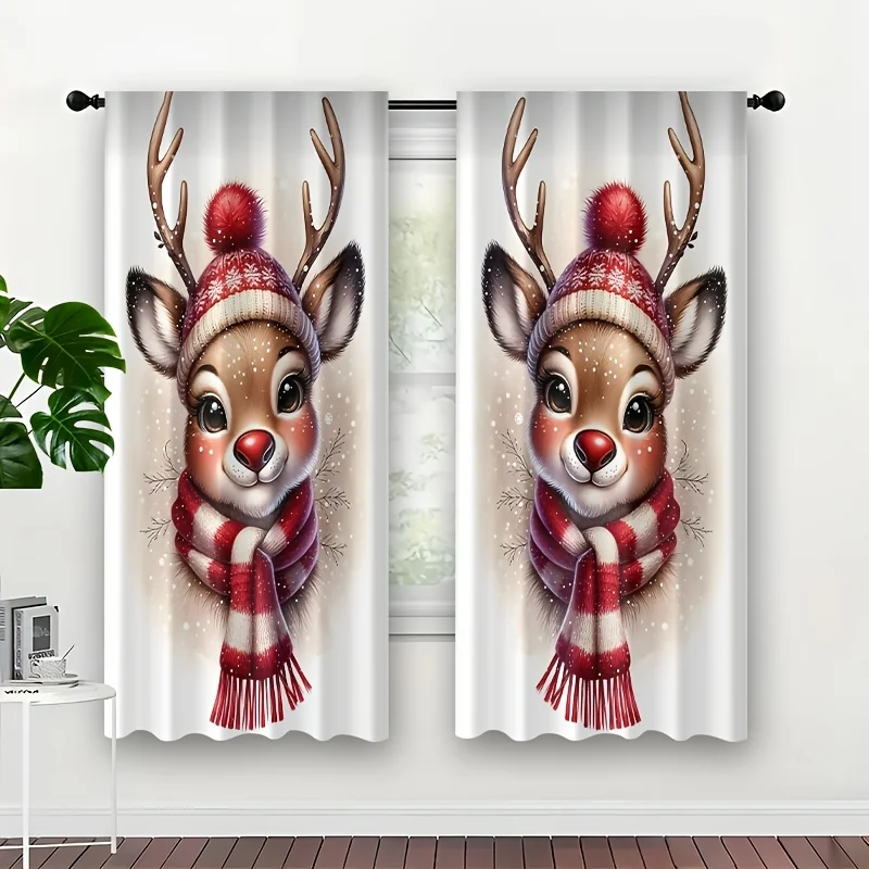 Festive Reindeer Curtain Panels, Holiday Red‑nose Reindeer Knit Hat Scarf Snowflake Soft Tone Print Drapes for Apartment Xmas