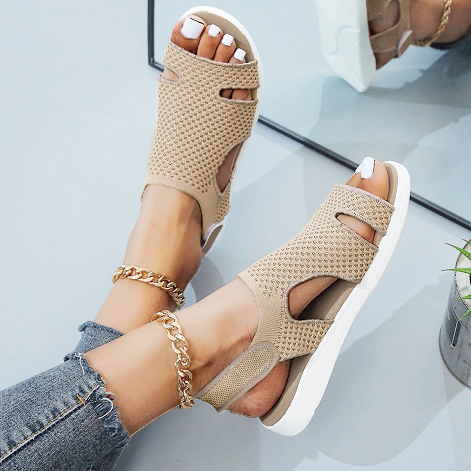 Summer Women Flat Sandals Elastic Breathable Flats Fashion Casual Shoes for Women Open Toe Beach Slides Shallow Solid Footwear