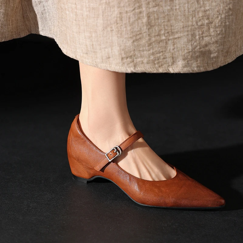 Womens Genuine Leather Mary Janes Comfortable Elegant Luxury Designer High Quality Pointed Shoes Black Heels Woman Wedge Heel