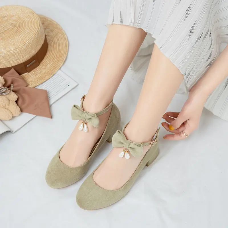 SIMLOVEYO Flocked Ladies Heeled Footwear Round Toe Thick Heel 4cm Strap Bow Extended Sizes 46 47 48 Gentle Date Footwear