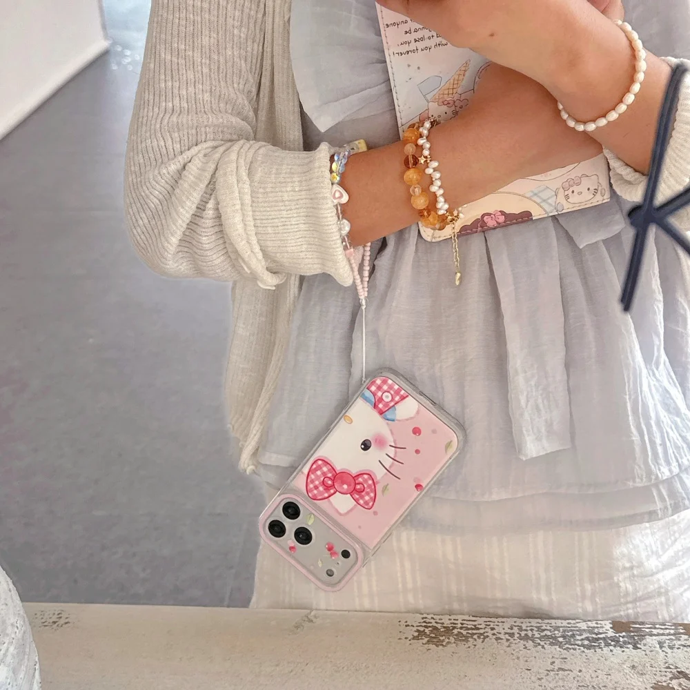 Luxury Hello Kitty Red Plaid Bow Cherry Phone Case For iPhone 15 16 17 Pro Max With Matching Beaded Chain Girly Protective Cover - view 4