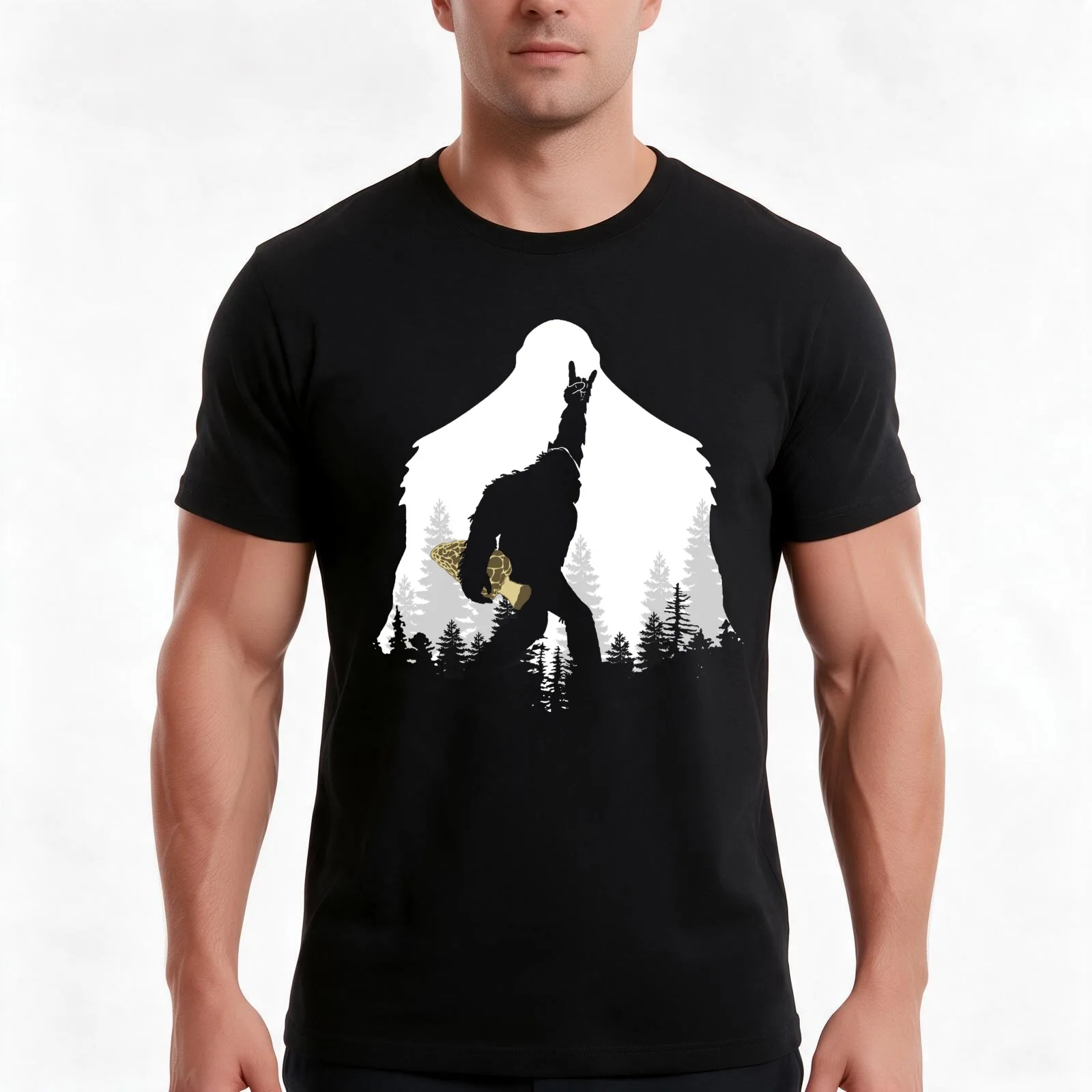 Bigfoot With Morel Mushroom Hunting T-Shirt, Summer Casual Cotton Tee, Oversized Streetwear Tops, Vintage Graphic Print