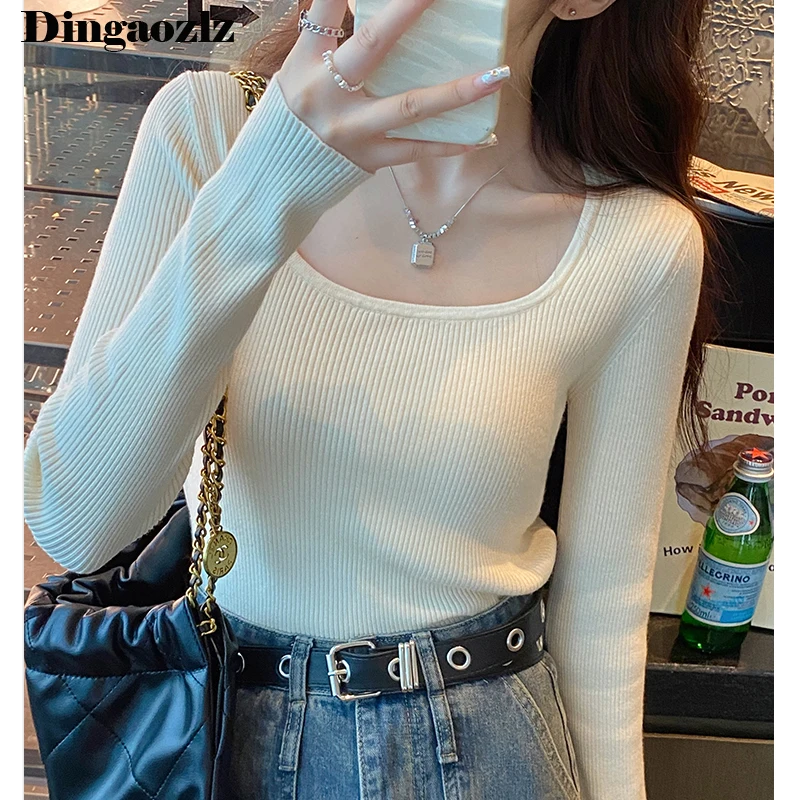 

Autumn 2024 Long Sleeve Pullvoers Sweater Long Sleeve Thin Short Knitted Shirt Solid Color Square Collar Women Tops