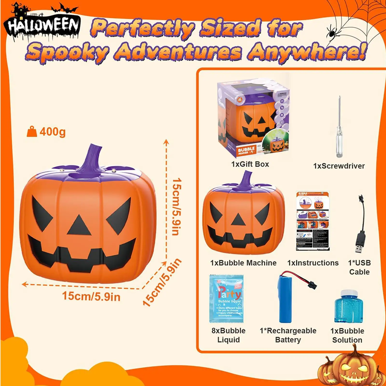 Halloween-Kürbis-Blasenmaschine mit Licht, Ton, Party-Gebläse für drinnen und draußen, Halloween-Party-Dekorationen, Kinderspielzeug, Geschenk