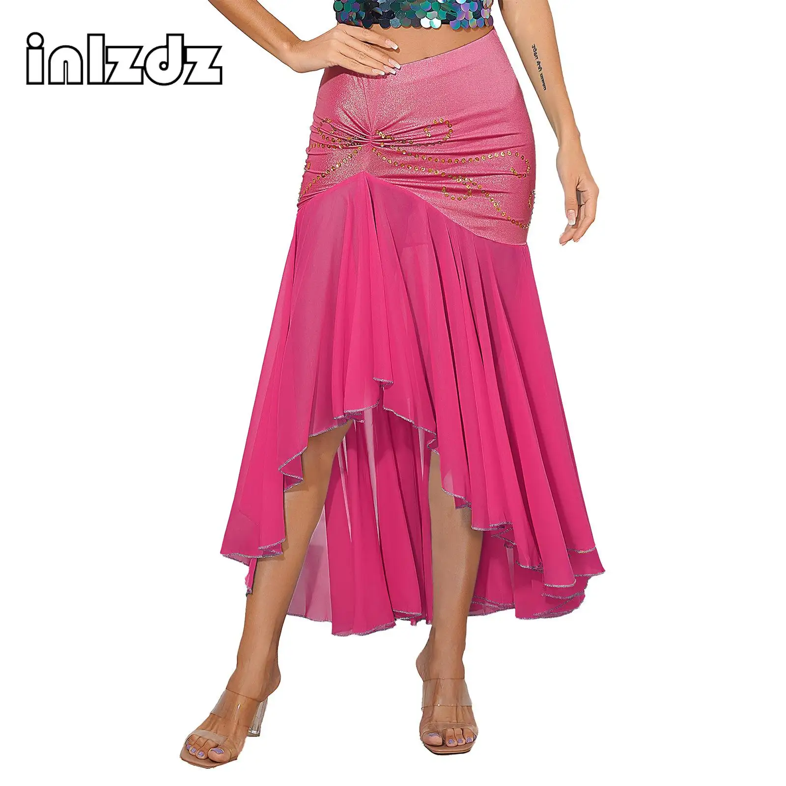 

Womens Dancewear Irregular Hem Belly Dance Skirt Metallic Ruched Sequins Ruffle Skirts Carnival Stage Performance Costume