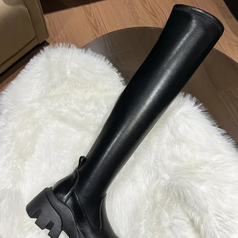 Sexy Black Leather Thigh High Boots Women Over The Knee Boot Square Toe Zipp Thick Sole Shoes Botas Mujer