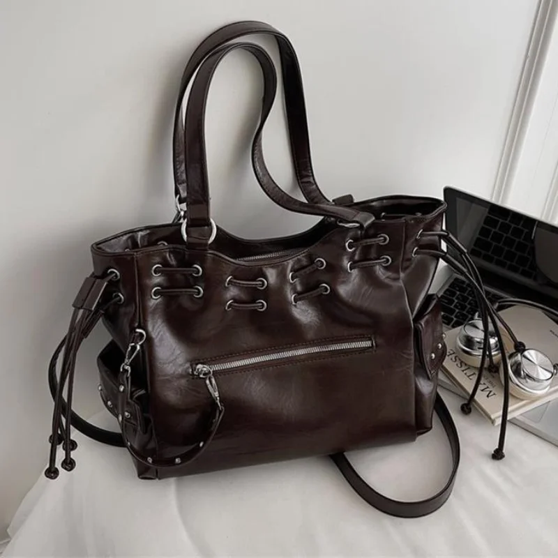 

Y2k Motorcycle Tote Bag Women's Fashion Drawstring Motorcycle Shoulder Bag New Large Capacity With Side Pockets Crossbody Bag