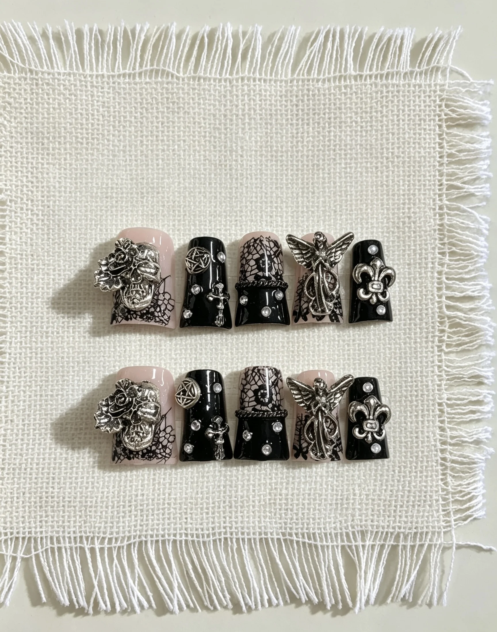 10-Piece Set of Dark Gothic Handmade Wearable Nails, Medium-Length, Nude Pink, Black Lace, Vintage Silver, Skull, Angel, Cross, Rhinestone Nail Pieces