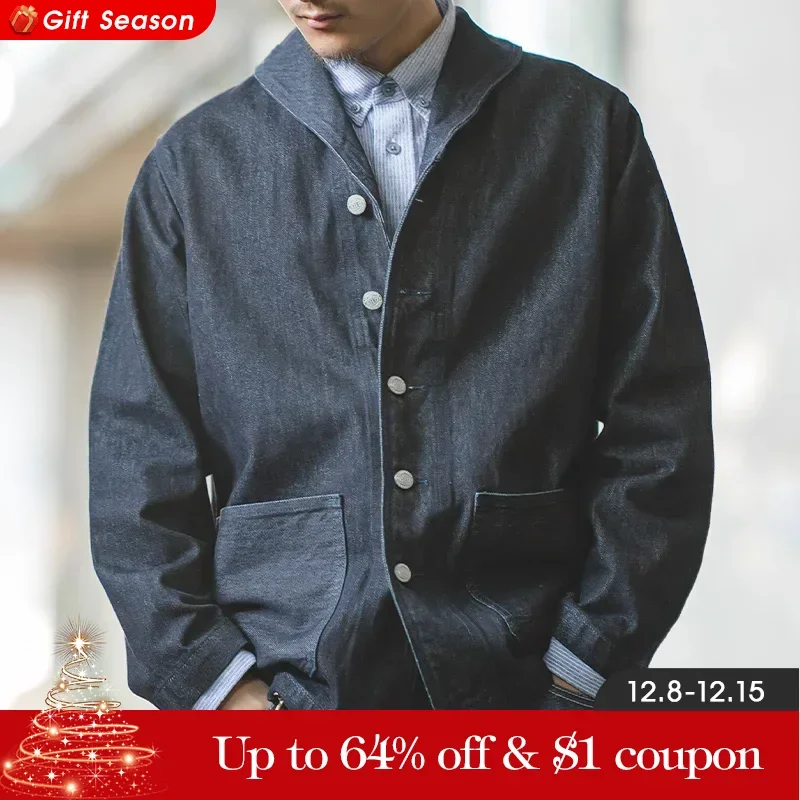 Maden Lapel Jeans Jacket 13.5 Oz Multi Pockets Coat Men’s Vintage Deck Workwear Denim Shirts Quality Fashion Clothes For Male