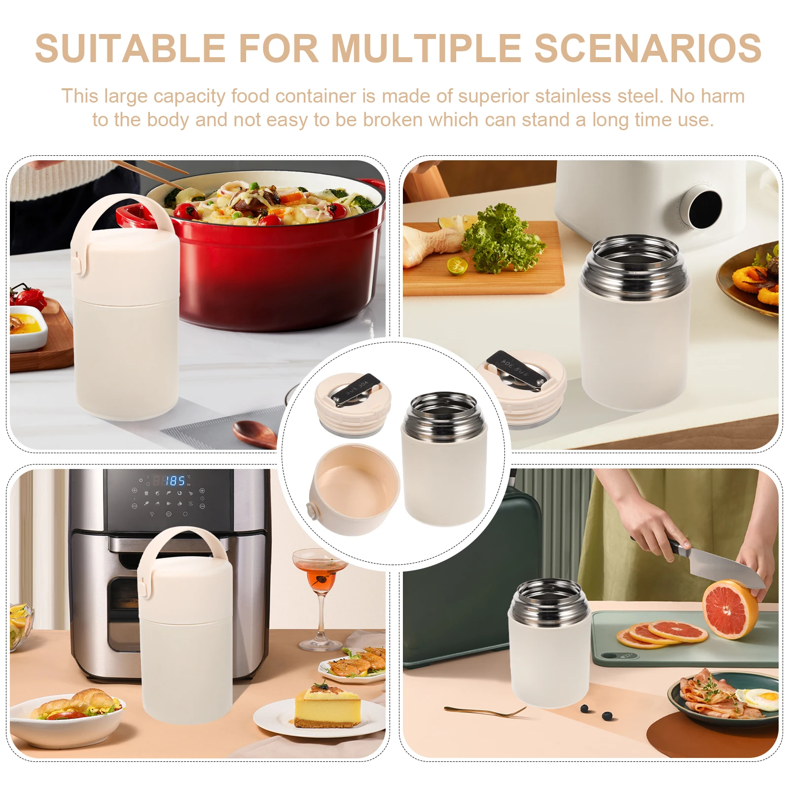 

Large Capacity 304 Stainless Steel Insulated Thermal Food Container Leak Proof Braised Beaker Portable Lunch Box Soup Jar