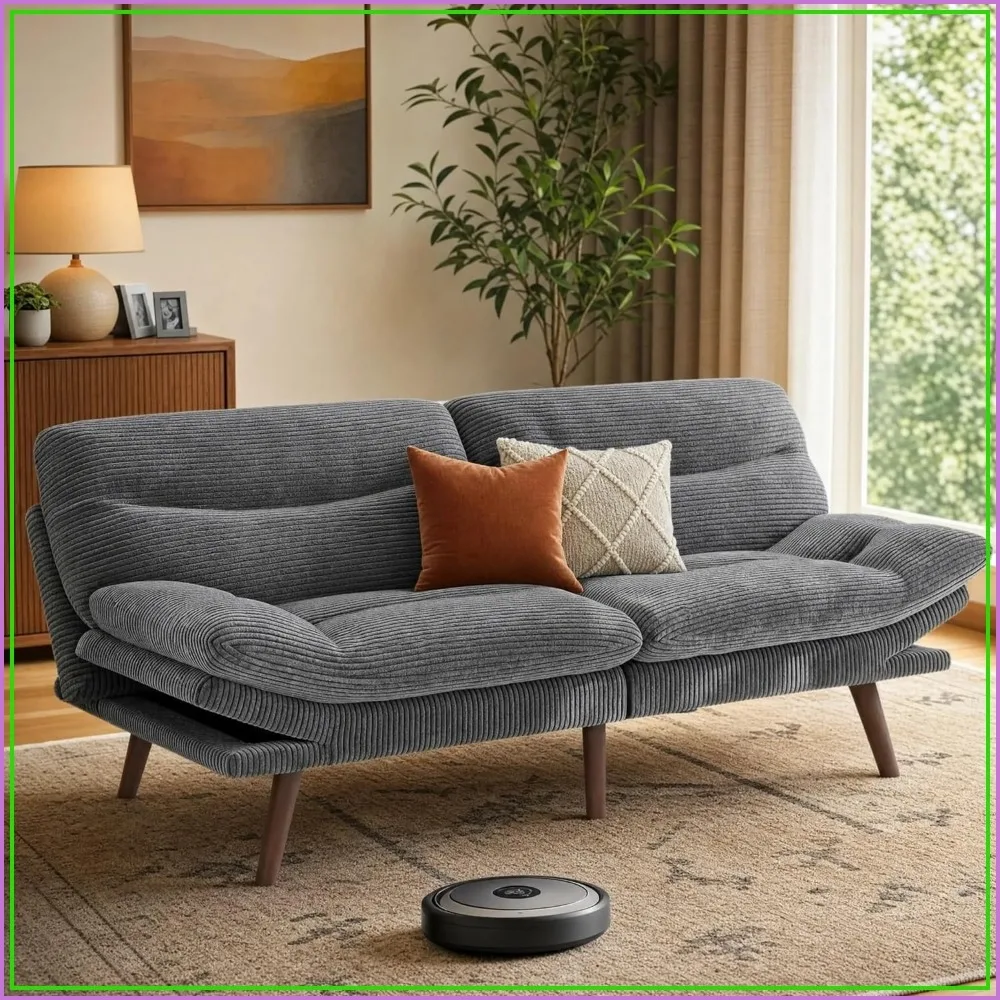 66 inch Convertible Futon Sofa Bed, Corduroy Fabric, Grey, Foldable Sleeper Chair