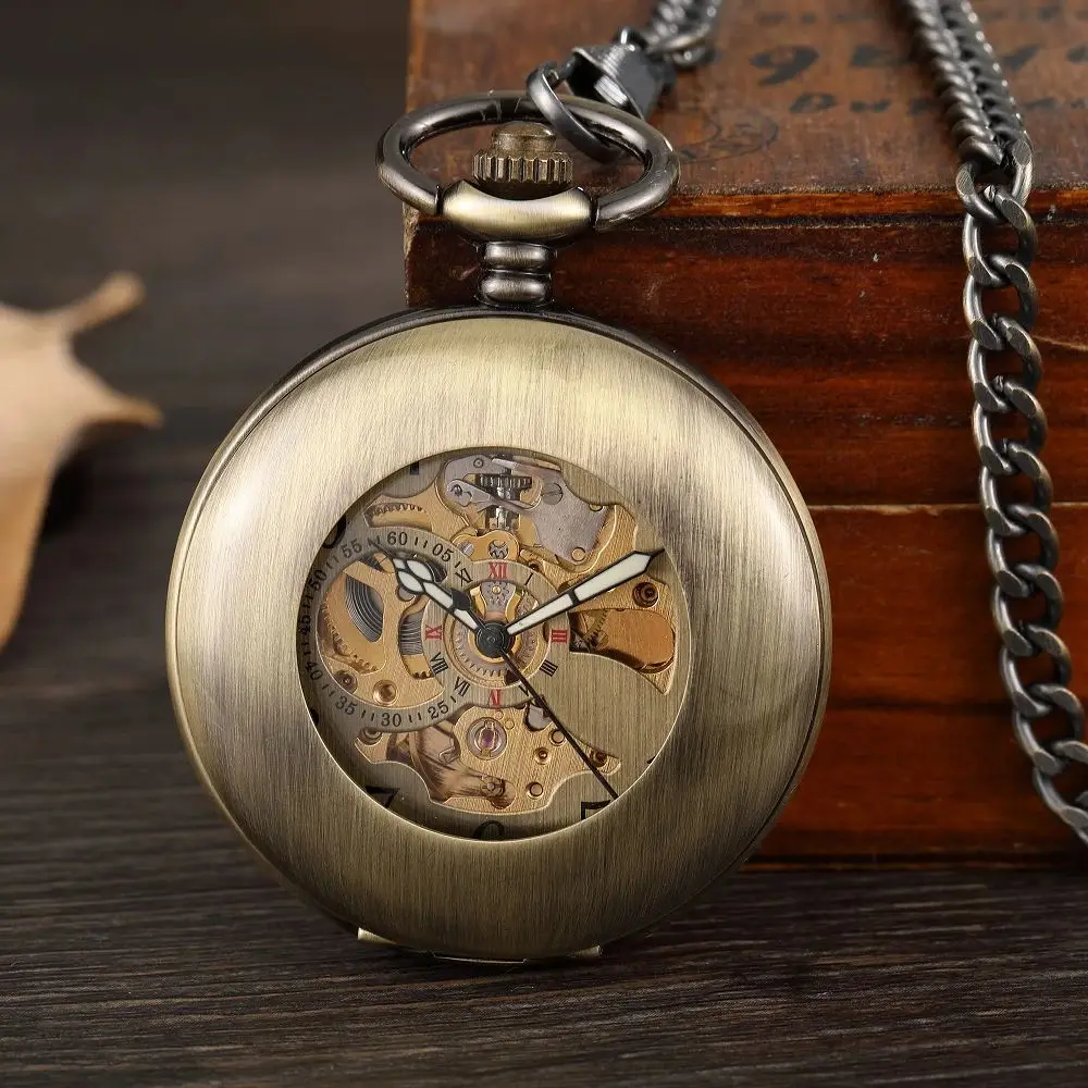 Vintage Bronze Skeleton Flip Cover Hand Wind Mechanical Pocket Watch Men Steampuk Pendant Clock Chain With Arabic Numerals