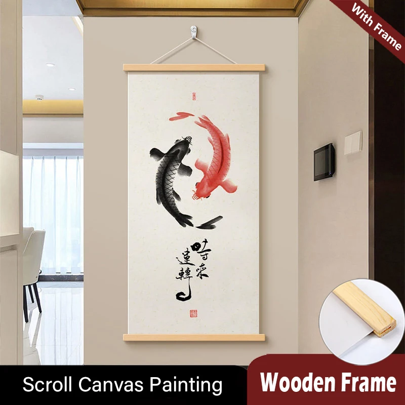 Zen Ink Wash Abstract Tai Chi Double Fish Wood Hanging Scroll PaintingFeng Shui Wall Posters for Living Room Study Hotel Decor