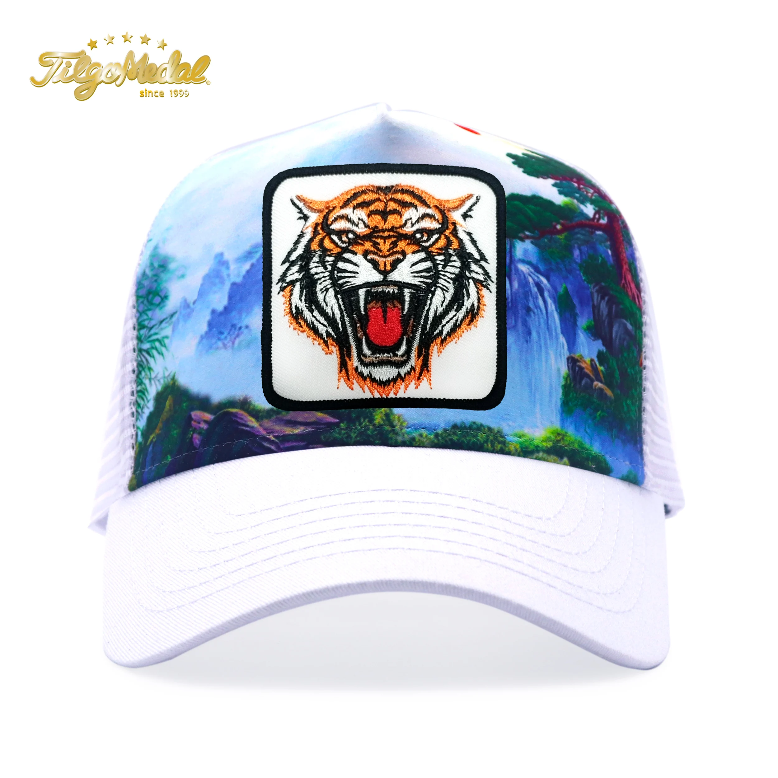 قبعات شبكية لسائقي الشاحنات ، حيوانات المزرعة ، النمر ، شارة التطريز ، قبعات Snapback ، خلفية السافانا الافارقية