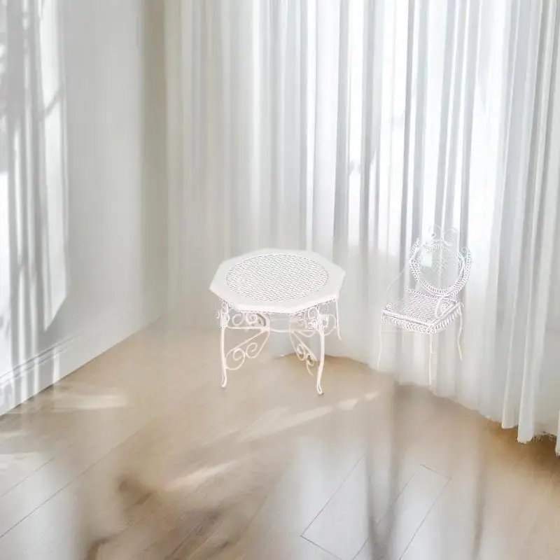 子供用ミニごっこ遊びおもちゃ、3個入り1/12ドールハウスミニチュア鉄製八角形テーブル＆チェアセット