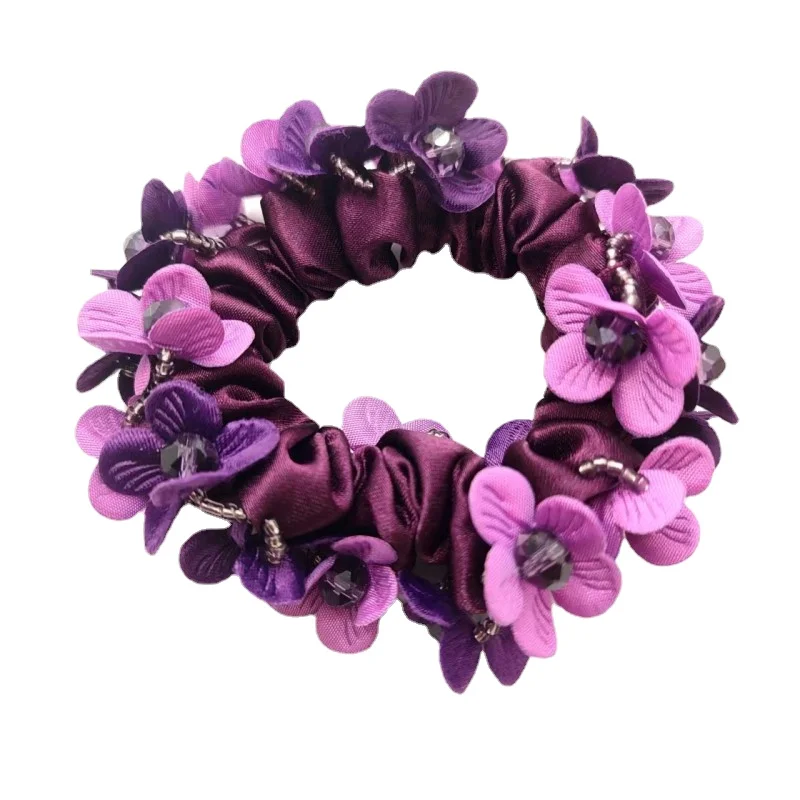 Elegante Scrunchie Flor Grande com Pérola e Cristal, Tecido de borracha Bun, Elastique Scrunchie, Acessórios coreanos