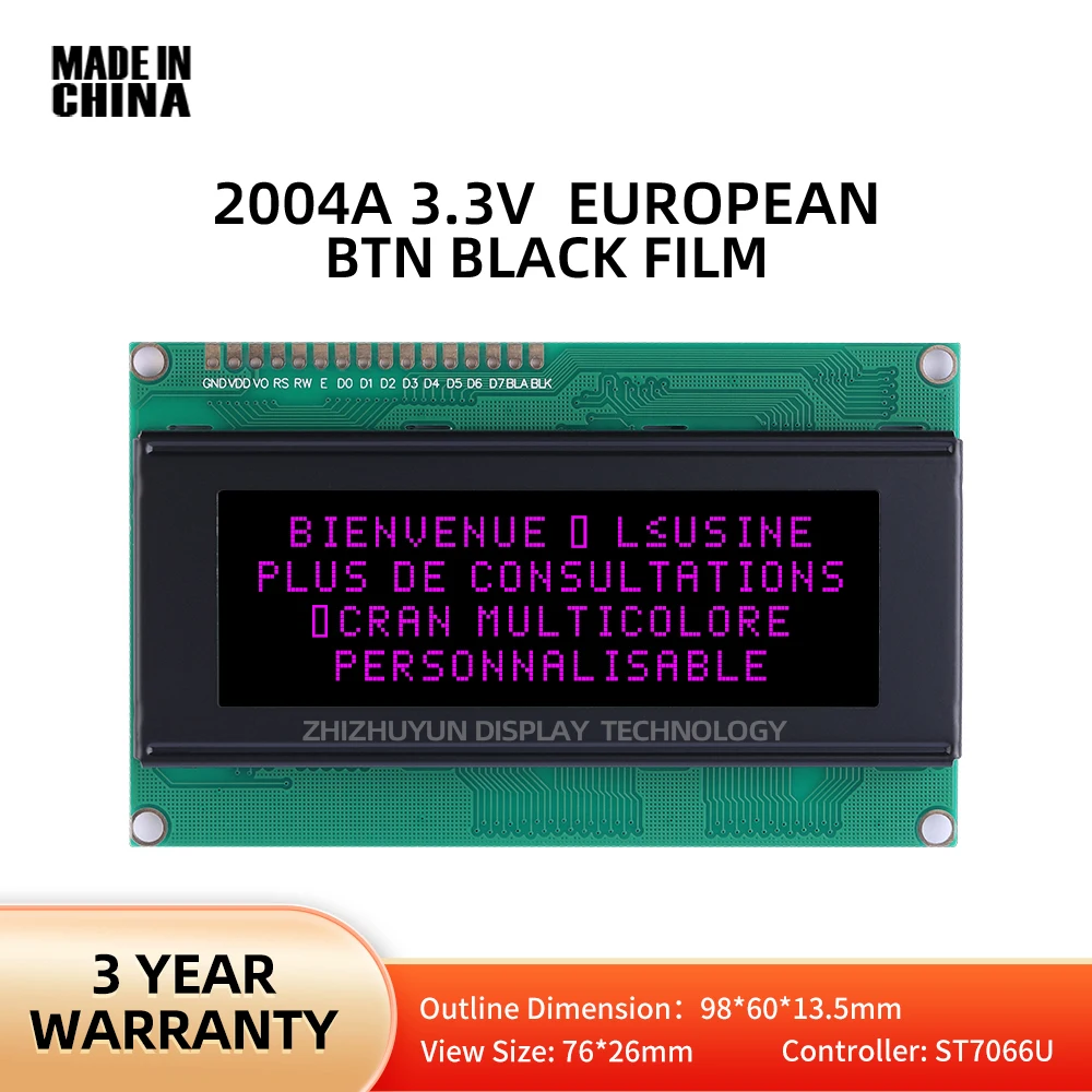 LCDディスプレイモジュール,ヨーロッパの文字,工業用制御,黒,紫色,BTN,98x60mm, 20x4, 3.3v,2004a