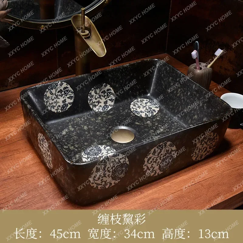 Retro Batu Rami Biru dan Putih Porselen Meja Baskom Wastafel Rumah Tangga Persegi