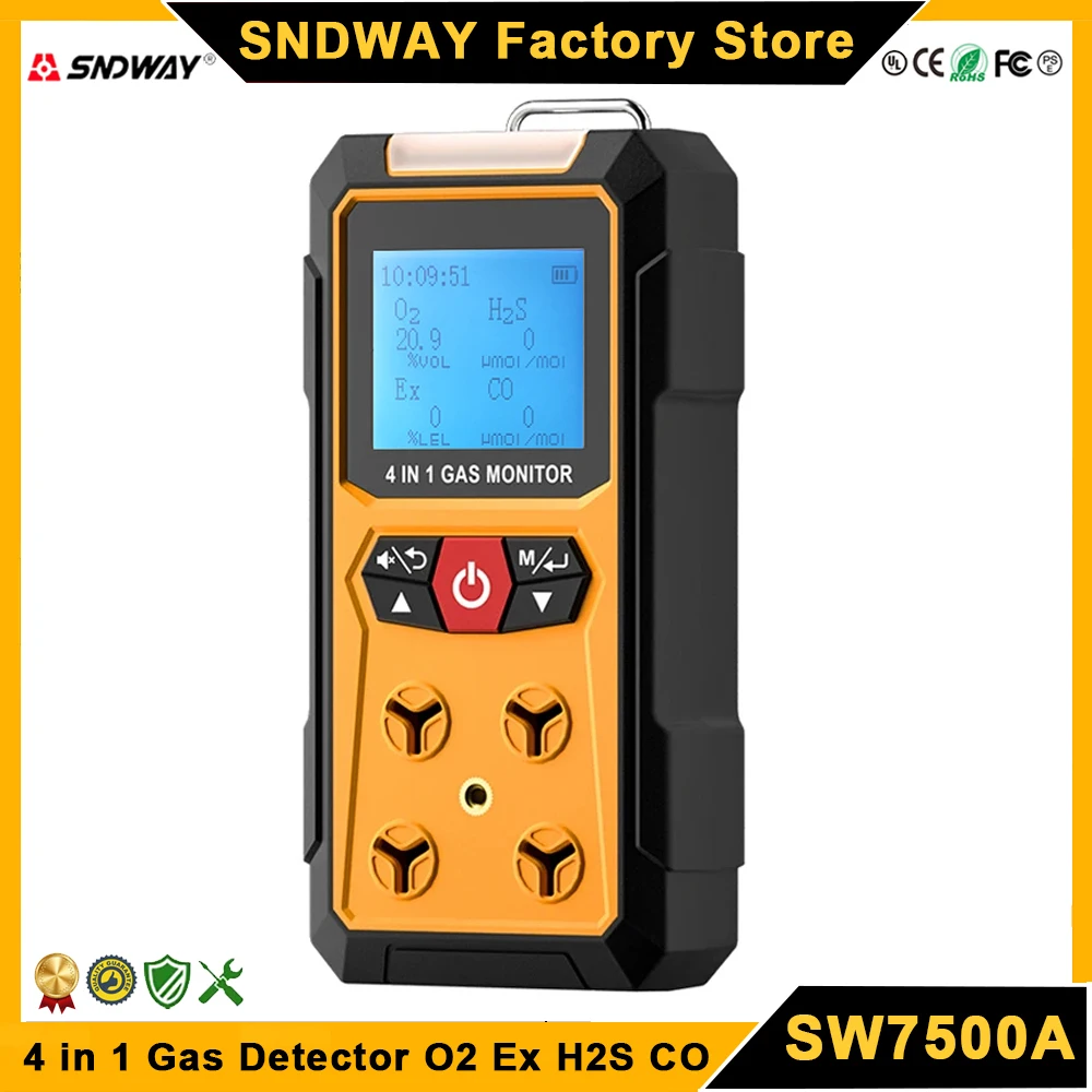 SNDWAY SW-7500A Gas Detector Device 4 in 1 Oxygen Hydrogen Sulfide Carbon Monoxide Combustible O2 Ex H2S CO Gas Monitor Alarm