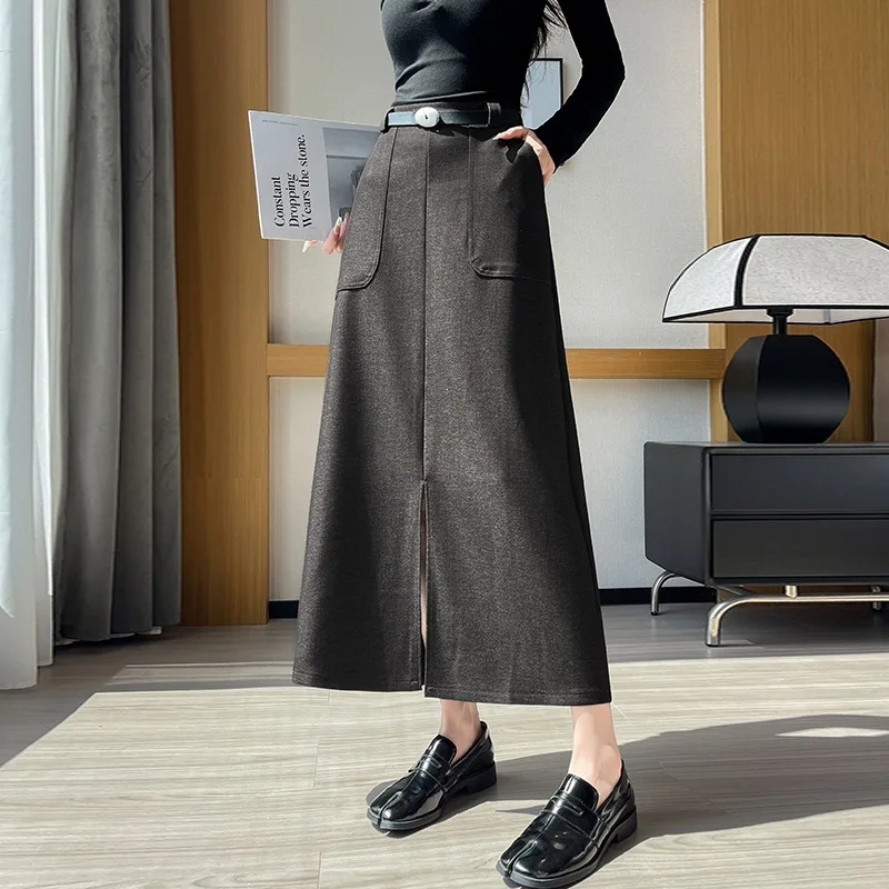 Elegant Black High Waist A Line Midi Skirt For Women Front Slit Belted Office Commuter Solid Casual Autumn Winter Long Skirt