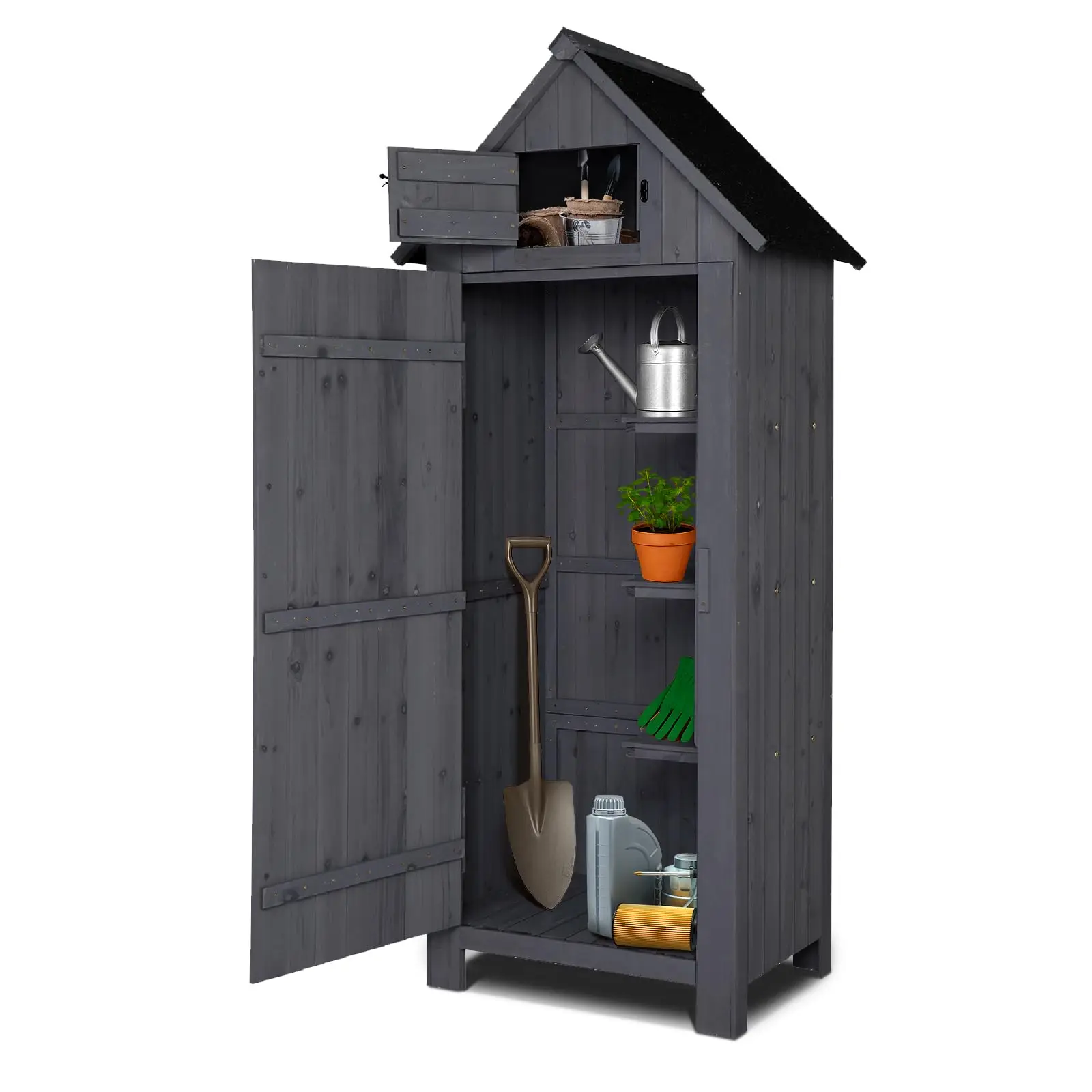 Outdoor Wooden Storage Shed, Garden Shed Outside Tool Cabinet with Safety Latch, Patio Storage Organizer (Dark Grey)