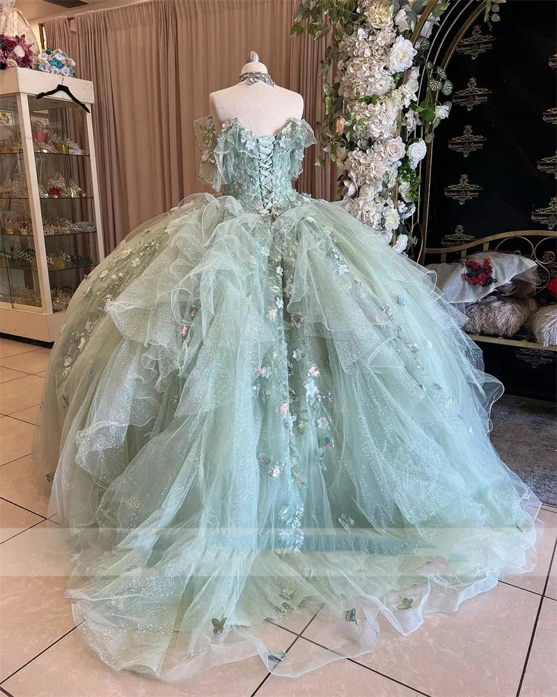 Shinny Lace-Up Sage Green Quinceanera Dresses Luxury Floral Applique Crystal Beading Sweetheart Off Shoulder Ball Gown