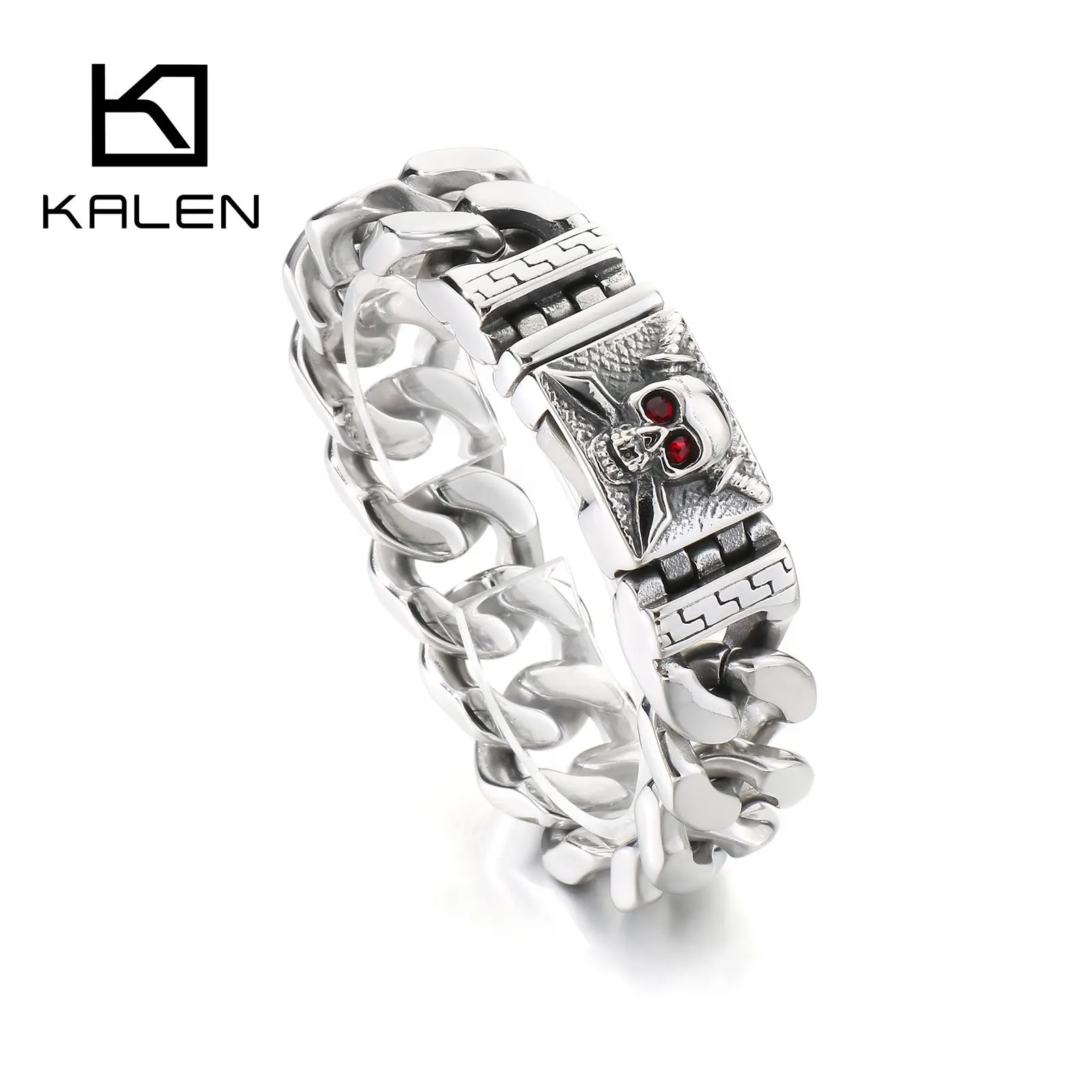 

20mm Skull Charm Men's Bracelet With Shiny Cuban Chain - Stainless Steel 316L - KB186916-KJX