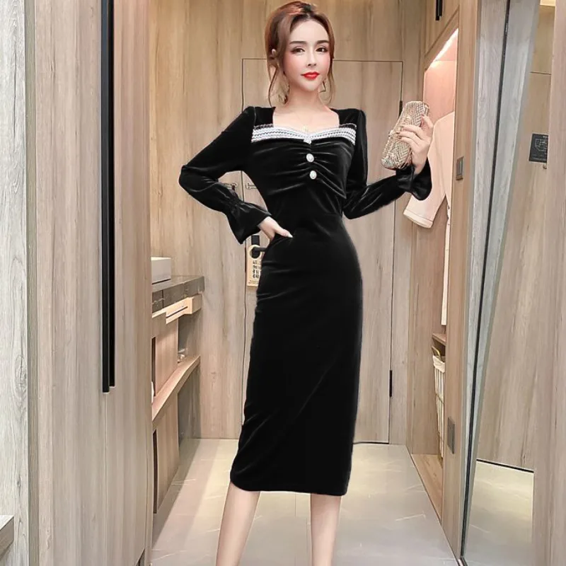 2022 Women Autumn Winter Velvet Dress Lady Long Sleeve Fungus Lace Mesh Yarn Velour Dresses Chic Casual Elegant Party Vestidos