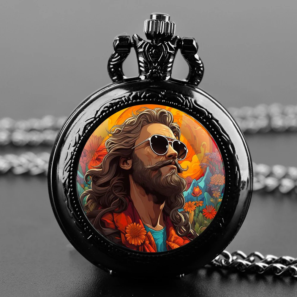 Uncle on vacation Design Glass Dome Quartz Pocket Watch With Durable Chain Arabic Numeral Dial For Men And Women Creative Gifts