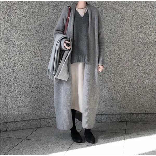 

Knitted Open Stitch Maxi Cardigan Sweater Long Sleeve Women Autumn Winter Solid Knitted Jacket Outerwear Streeetwear Korean Chic