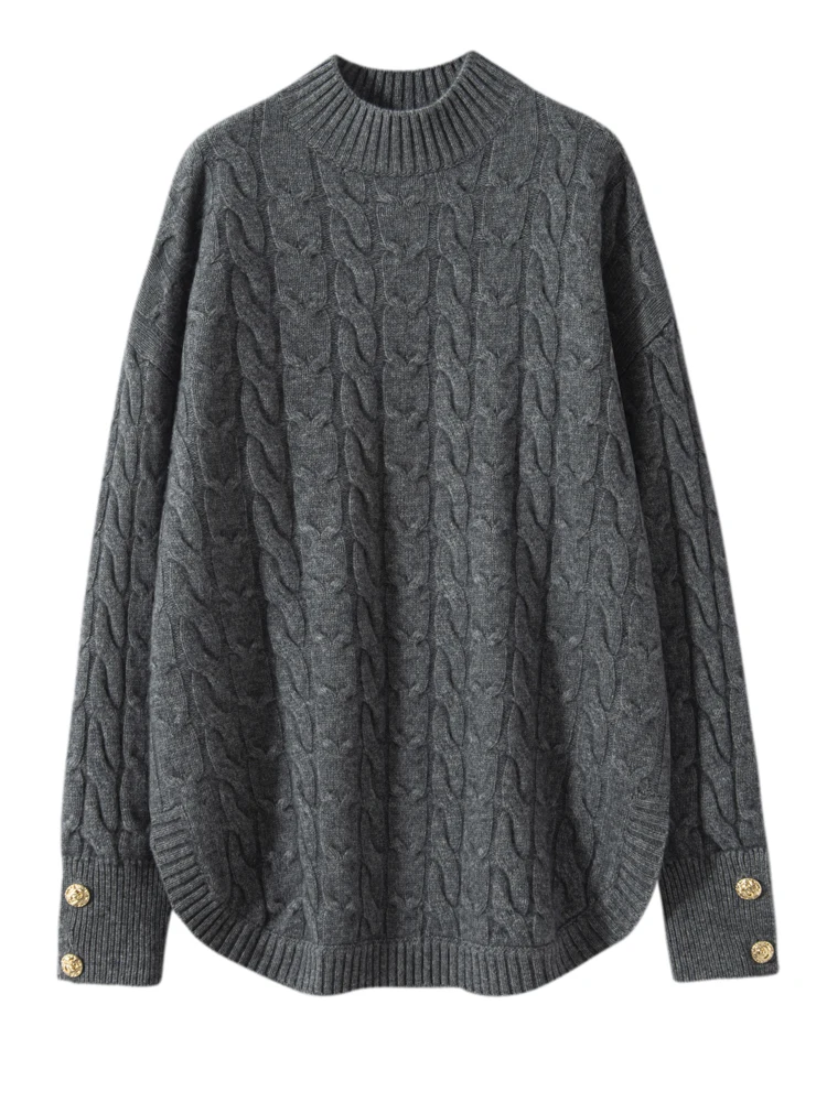 

TLOML Women 100% Cashmere Sweater Mock Neck Cable Knit Pullover Loose Curved hem Cashmere Knitwear Autumn Winter Soft Thick Tops