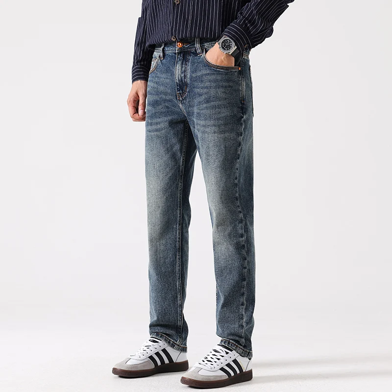 حديثا مصمم أزياء الرجال الجينز عالية الجودة الرجعية الأزرق تمتد سليم صالح خمر الجينز الرجال التطريز Y2K عارضة الدنيم السراويل #4