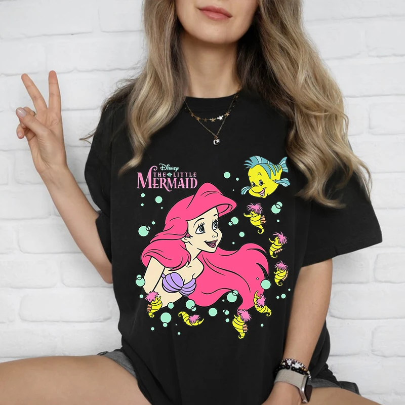 Disney Little Mermaid Printed Women's T-Shirt Pure Cotton Short Sleeve Loose Top Casual Women's Clothing