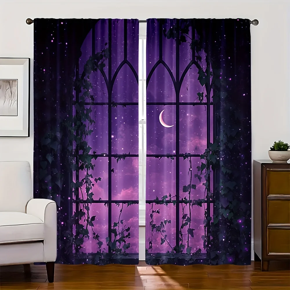 Elegant Galaxy Night Curtains Purple Starry Sky Moon and Ivy Pattern Arched Window Polyester Sleep Room Decor Drapes