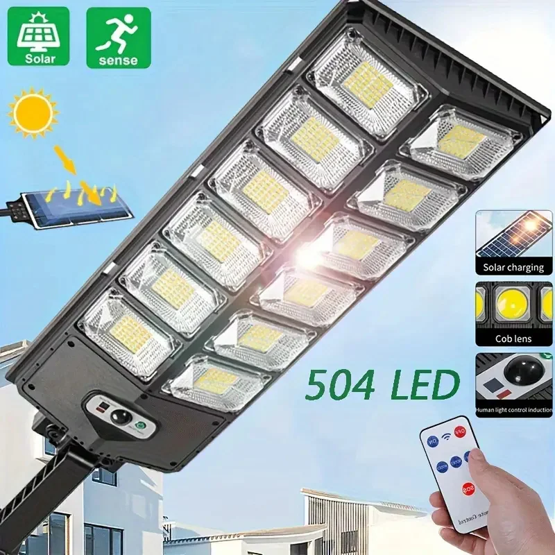 504LED uitra-Bright Solar Street lght Wide Angle Motion Sensor, RemoteControl,Energy-Efflcient, Waterproof 4300mah 2