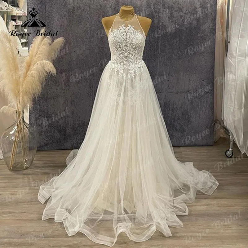 Elegant Tulle A Line Boho Wedding Dress Halter Neckline 2023 Vestido De Novia Ivory A Line Civil Bridal Beach Gowns Lace Bodice