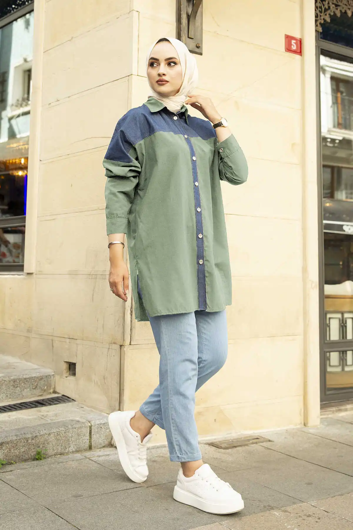 

Denim Shirt E-Khaki Winter Autumn 2021 Muslim Women Hijab headscarf Islamic Turkey