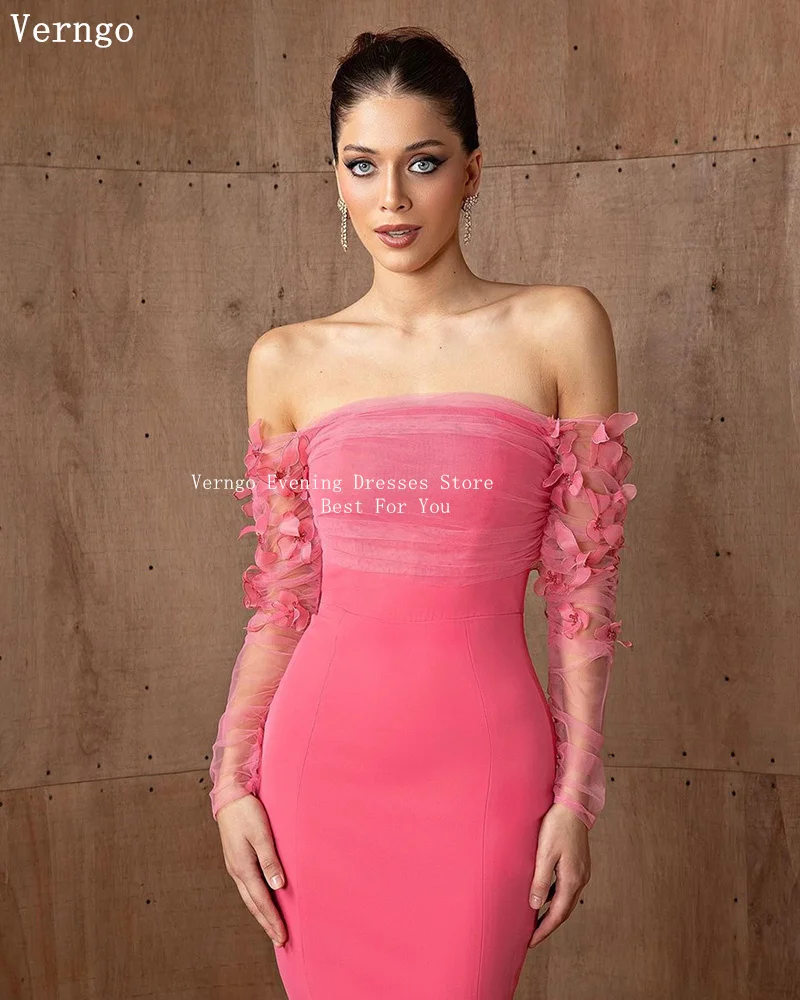 Verngo Peach Pink Crepe Evening Dress Off The Shoulder Mermaid Prom Party Dress 3D Flowers Elegant Eveing Dress Prom Dresses